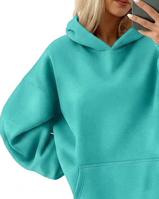 Hooded Pocket Solid Loose Hoodie