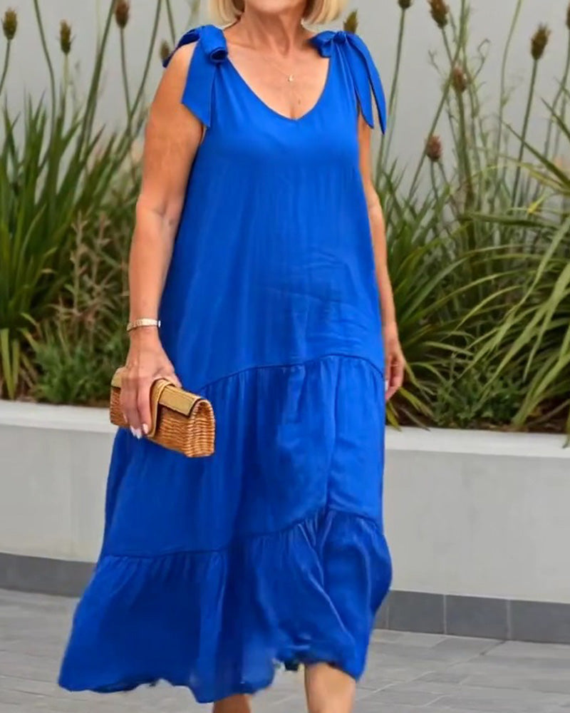 Tie-Strap Solid Color Mid-Length Dress