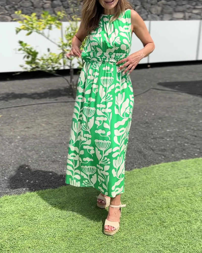Sleeveless Long Waisted Printed Dress