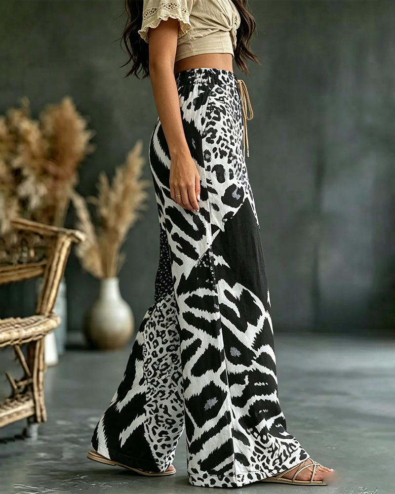 Leopard Print Patchwork Wide Leg Casual Pants
