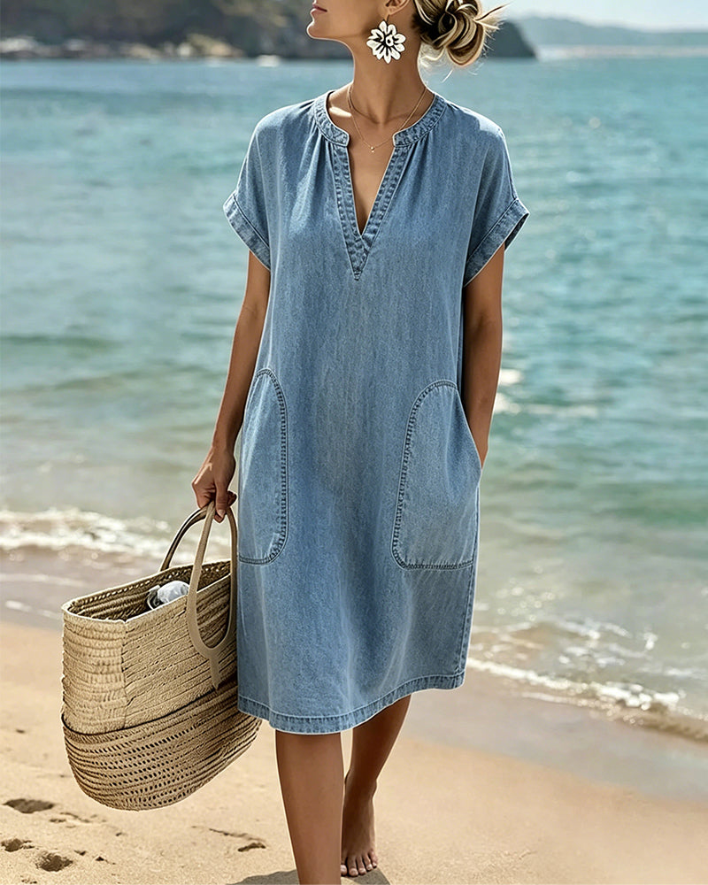 V-Neck Short-Sleeved Pockets Dress
