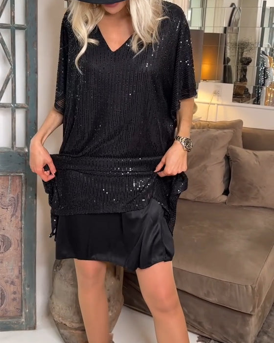V-Neck Sequined Casual Dress