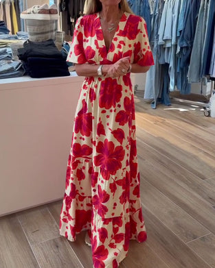 Deep V Resort Waist Printed Dress