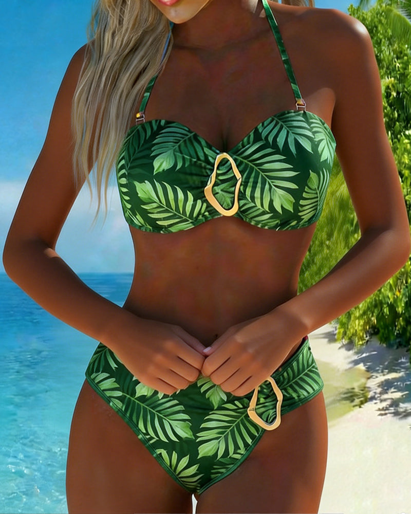 Metal Buckle Leaf Print Bikini