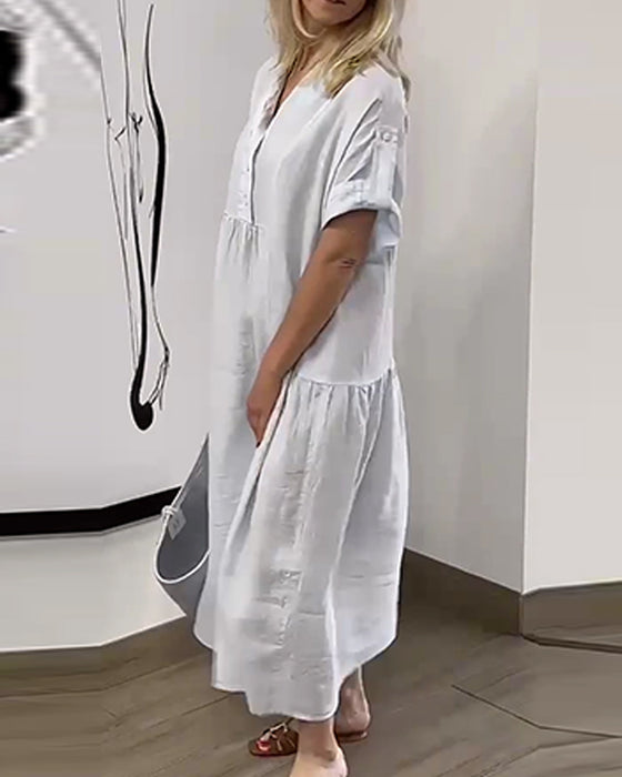 V-Neck Button Pleated Full Skirt Dress