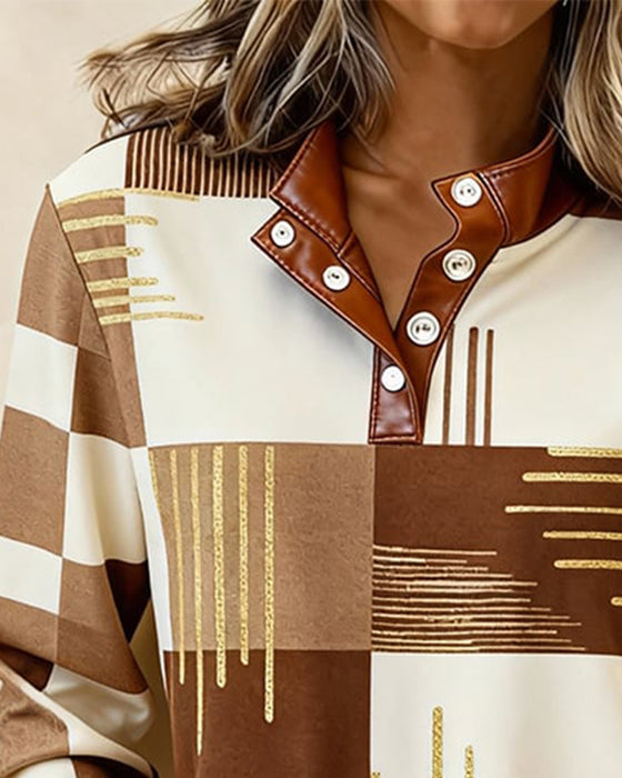 Stand-Collar Button-Front Color-Block Sweatshirt