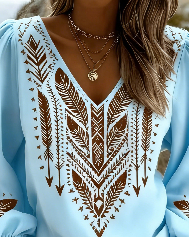 Puffed Sleeve V-Neck Loose Blouse