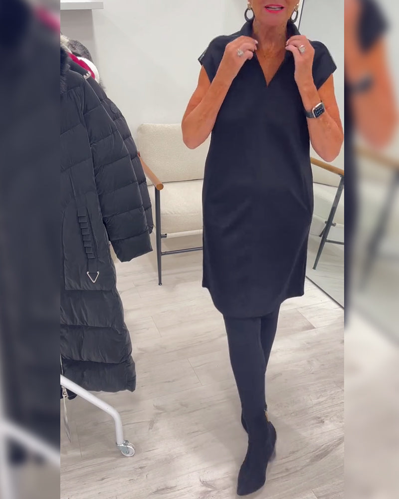 Sleeveless Lapel Pocket Solid Dress