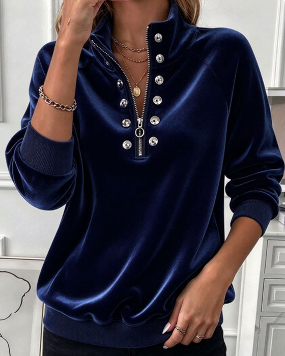 Turtleneck Zipper Button Long Sleeve Sweatshirt