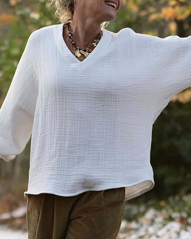 100% Cotton Fashion V-Neck Long-Sleeved Top