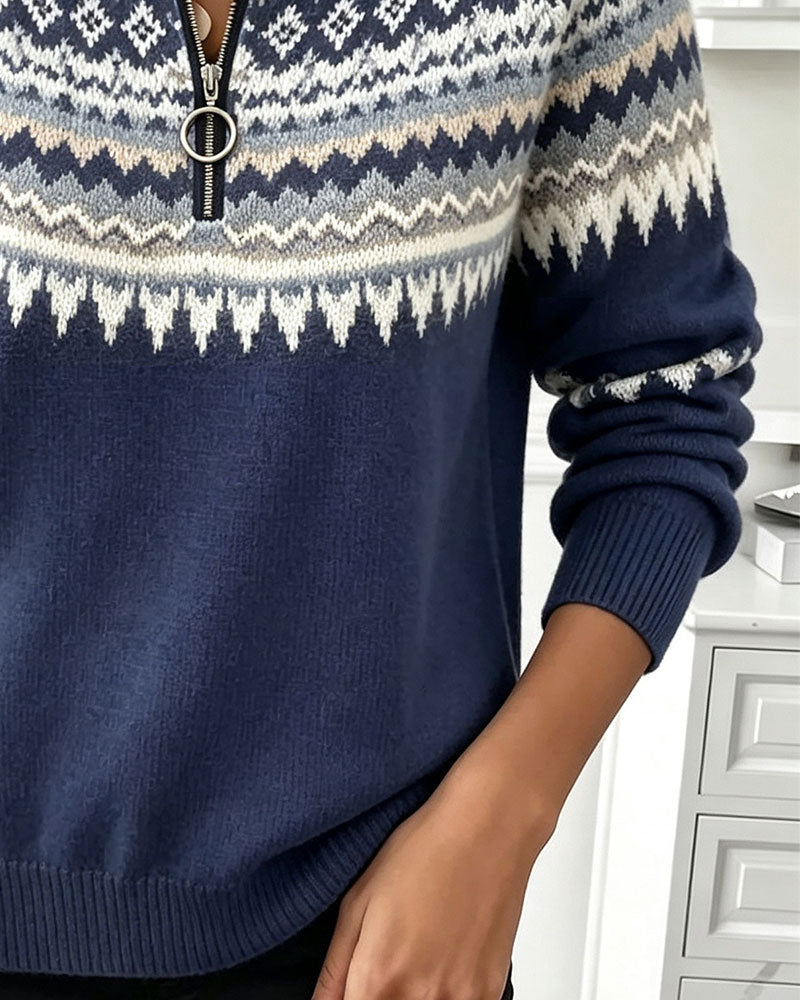 Crew-Neck Zip-Up Diamond-Pattern Pullover