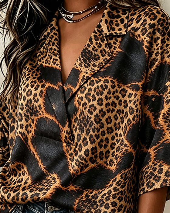 Lapel Cross Leopard Blouse