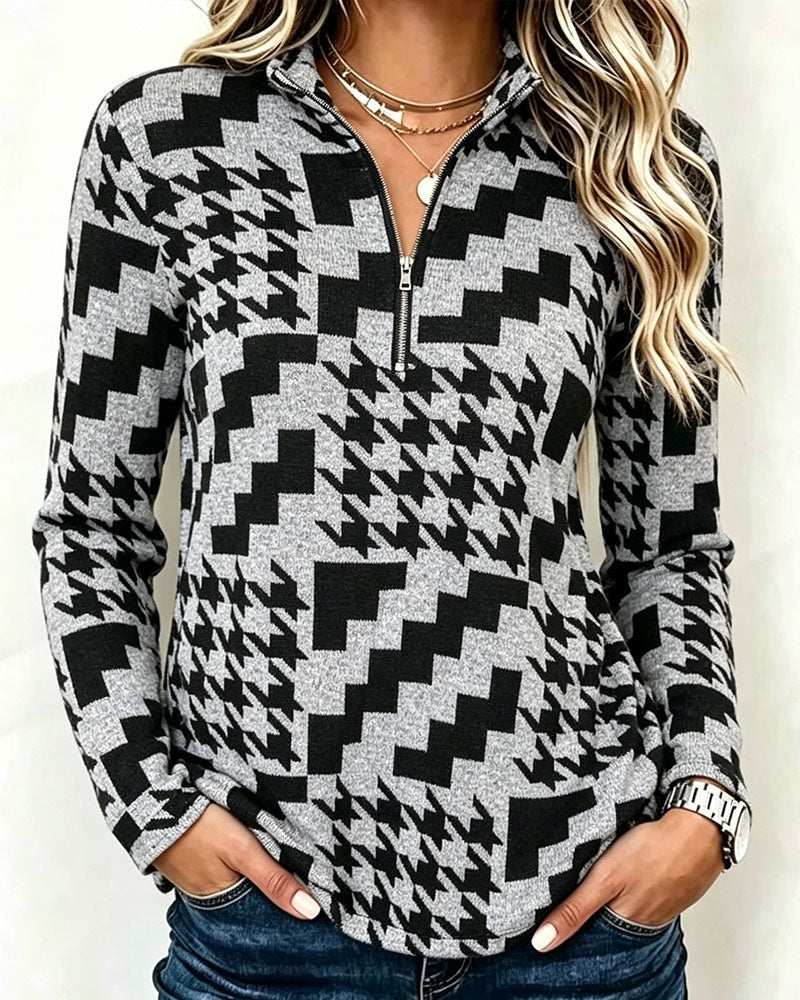 Houndstooth Half-Zip Stand Collar Long-Sleeved Top