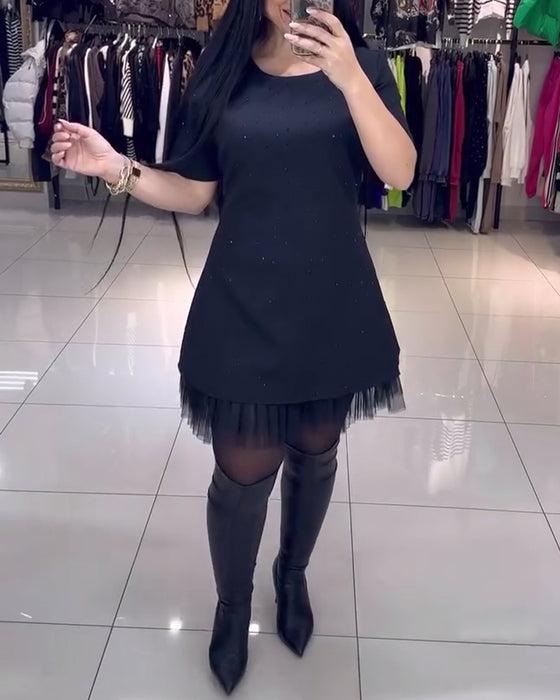 Short-Sleeved Mesh Skirt Beaded Stitching Dress