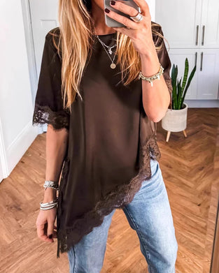 Irregular Lace Spliced Solid Color Blouse