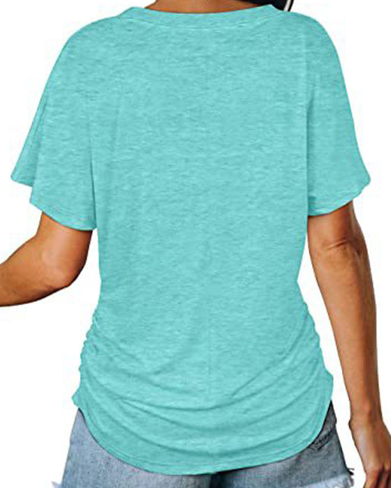 Pleated Solid Color V-Neck T-Shirt