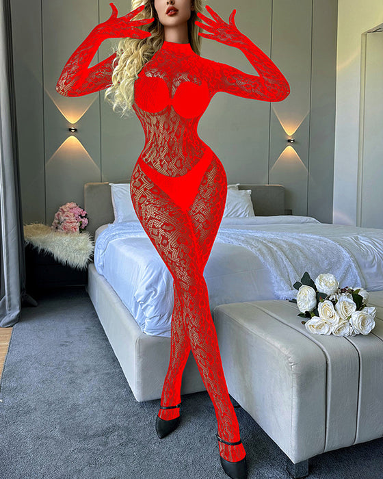 Long-Sleeved One-Piece Fishnet Stockings Underwear