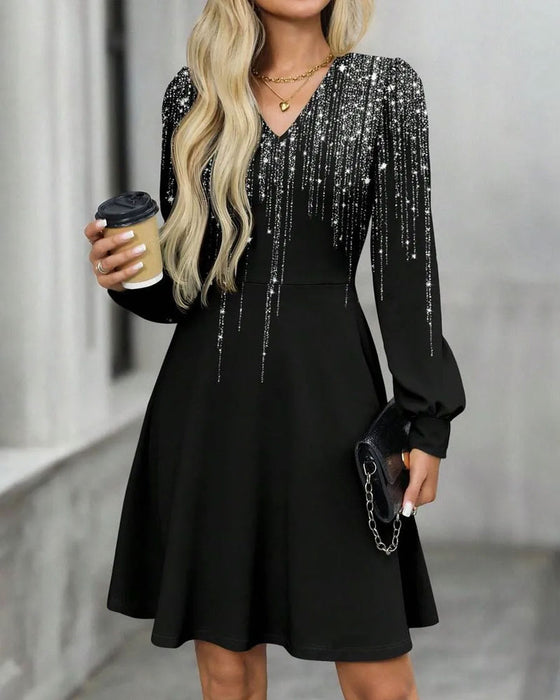 V-Neck Long Sleeve A-Line Dress