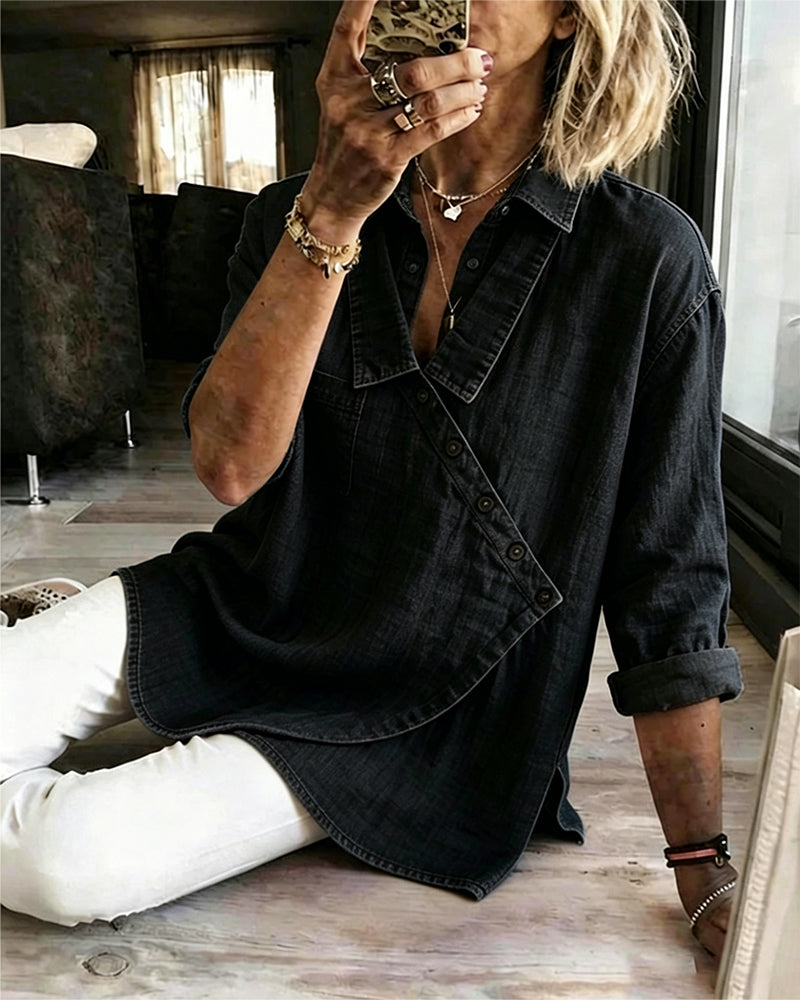 Solid Diagonal Button Lapel Long Sleeve Blouse