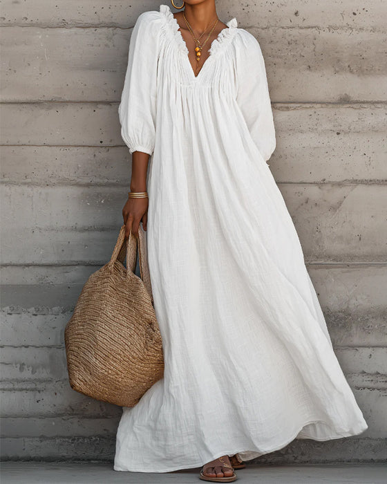 Pure White Bubble Sleeve Full Skirt Maxi Dress