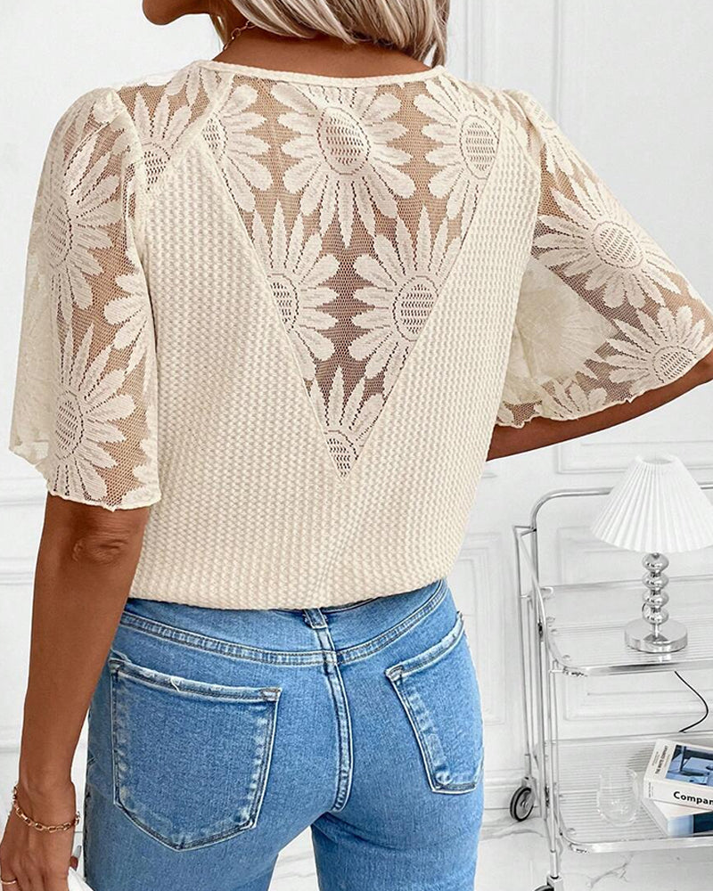 Lace Spliced Sleeve V-Neck Blouse