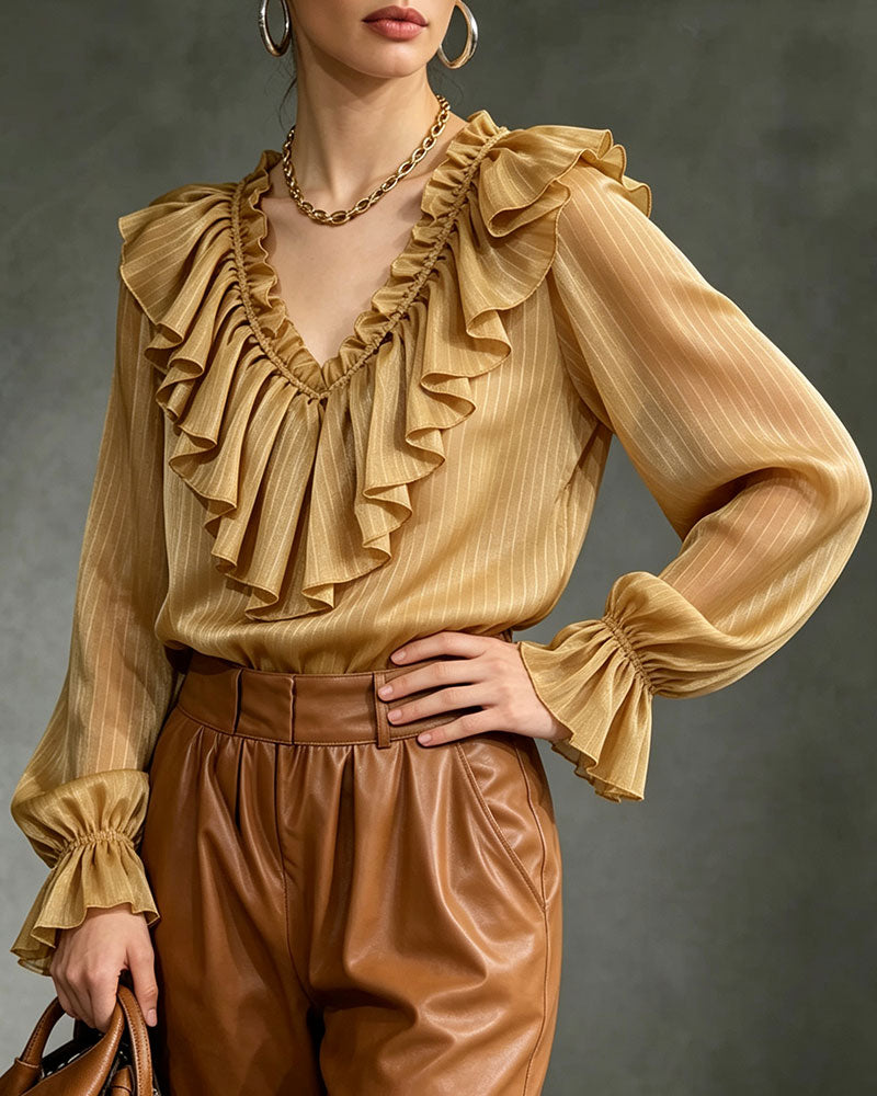 V-Neck Striped Ruffled Long-Sleeved Top