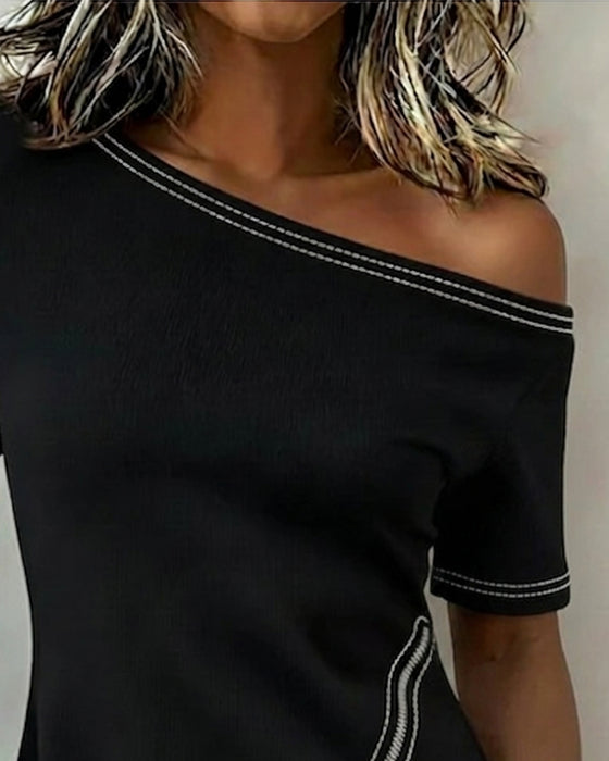 Off-Shoulder Zip Irregular T-Shirt