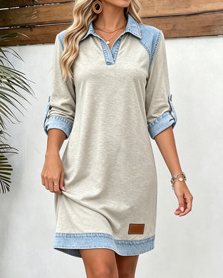 Denim Patchwork Polo Collar Long Sleeve Dress
