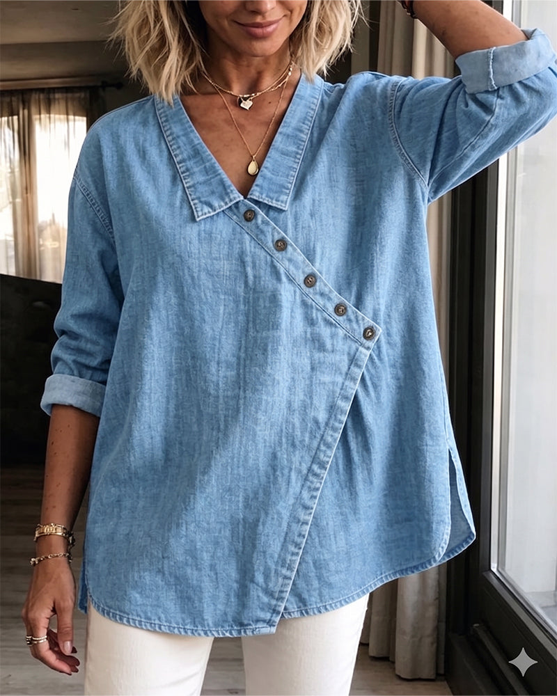 Solid Diagonal Button Lapel Long Sleeve Blouse