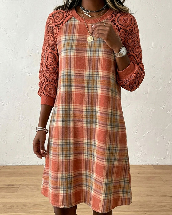 Plaid Lace Raglan Midi Dress