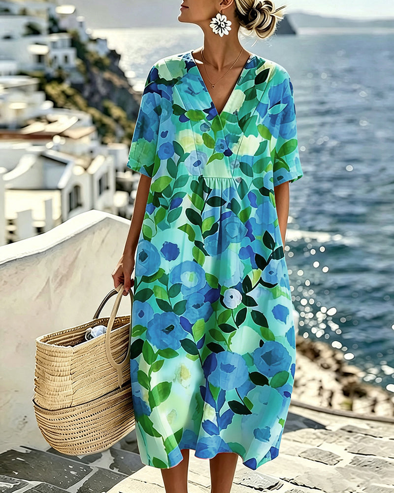 Watercolor Floral V-Neck Dress