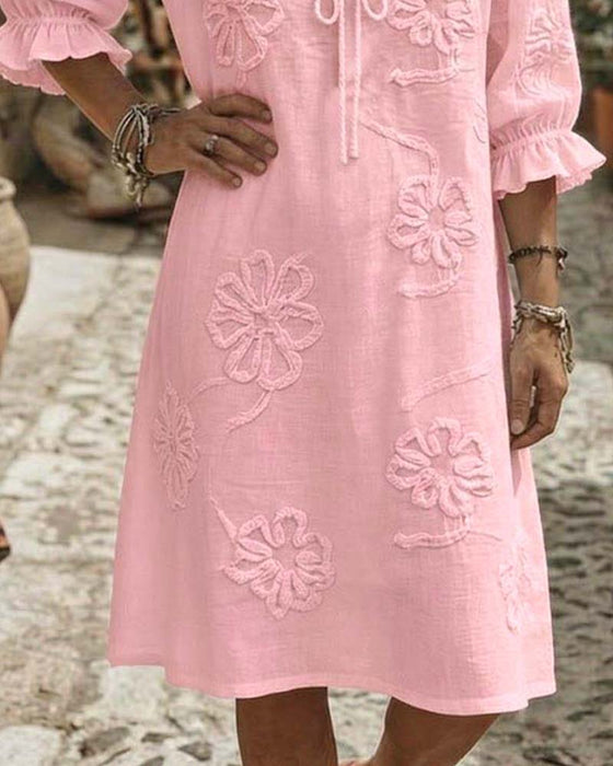 V-Neck Ruffle Tie 3D Floral Dresses