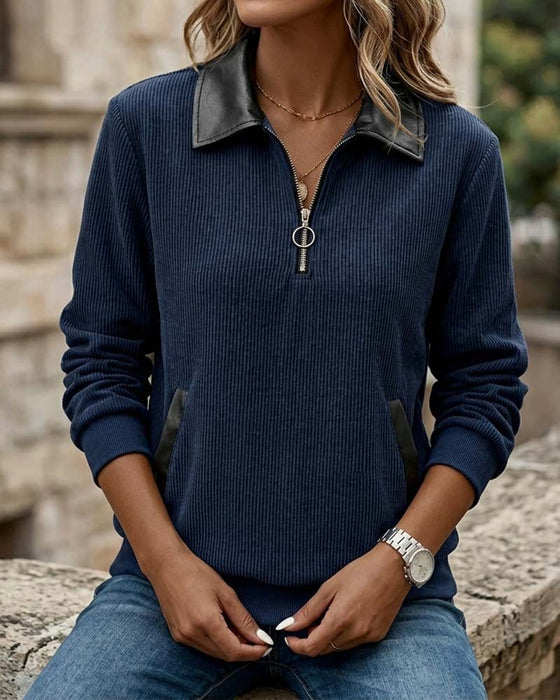 Lapel Zip Long Sleeve Sweatshirt