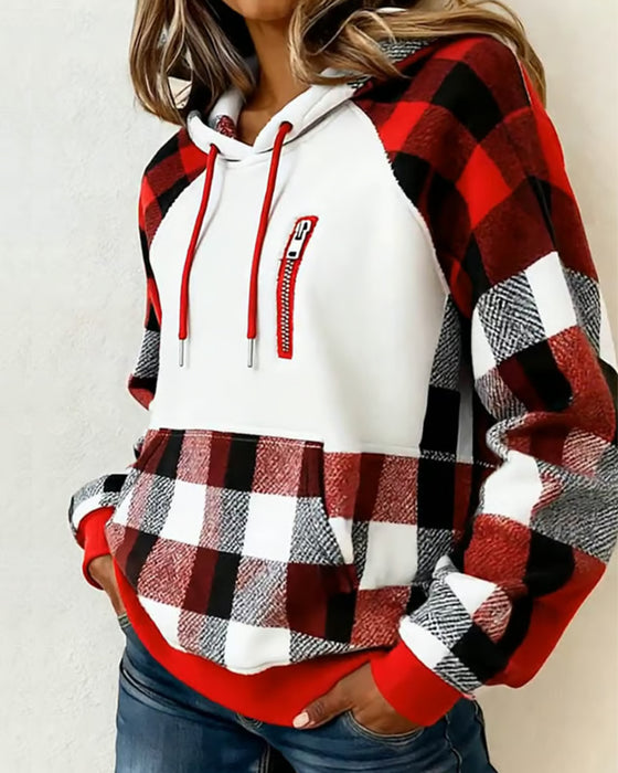 Color-Blocked Plaid Hoodie