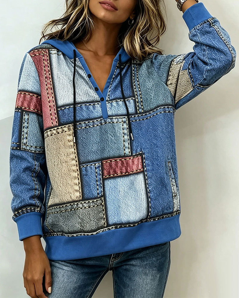 V-Neck Color-Block Button Hoodie