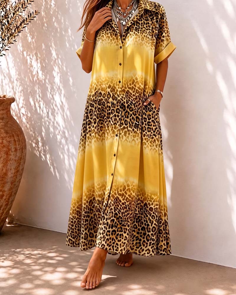 Lapel Leopard Print Gradient Shirt Dress