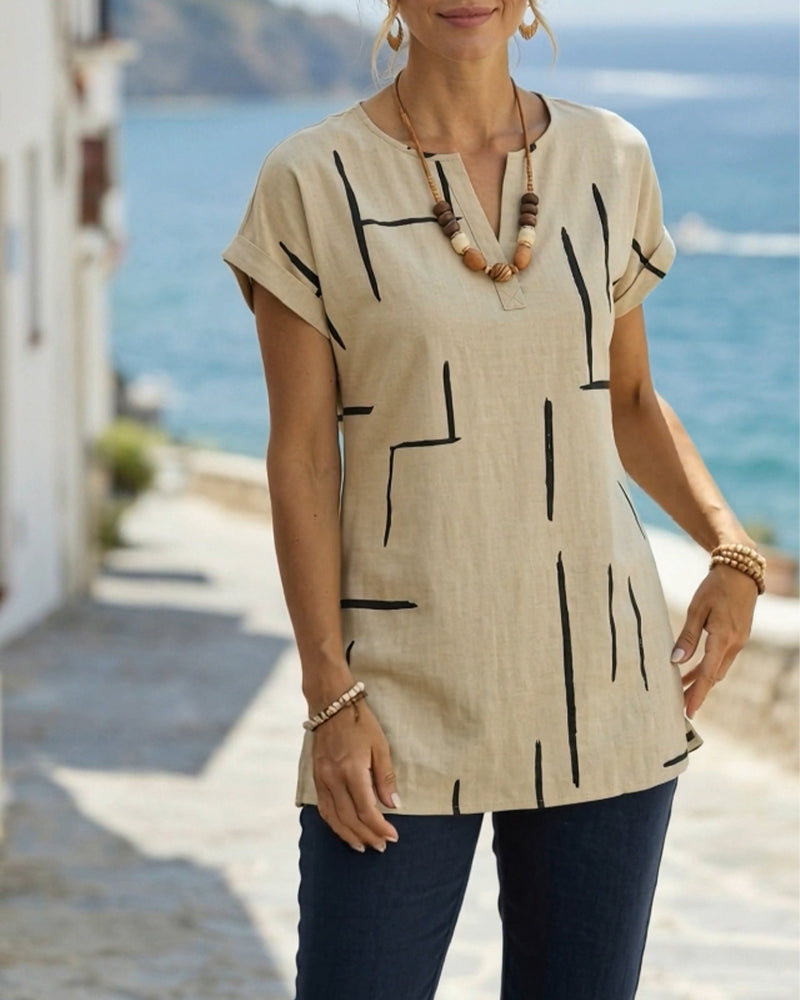 Geometric Line V-Neck Short-Sleeve Top