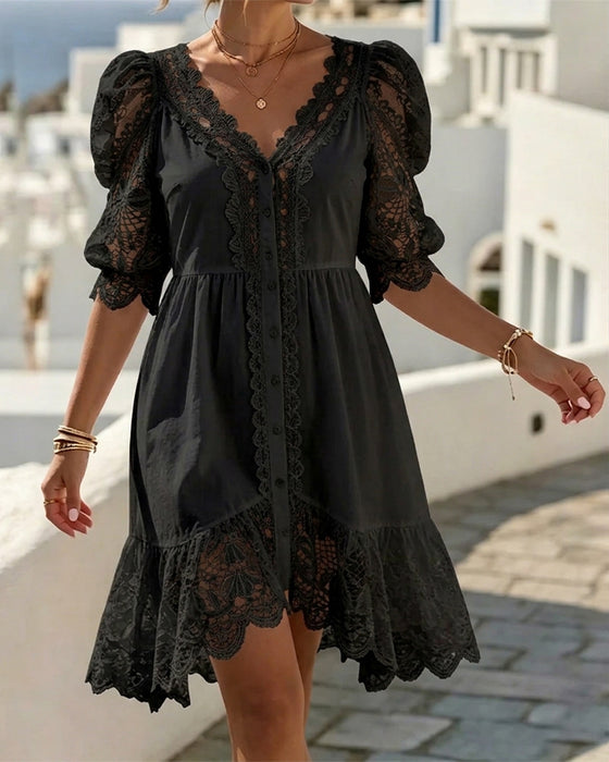Puff Sleeve Lace Short White Dress