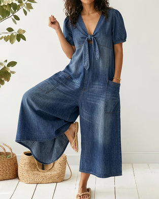 V-Neck Tie Denim Wide Leg Jumpsuit