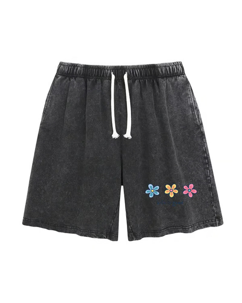 Flower Print Elastic Drawstring Shorts