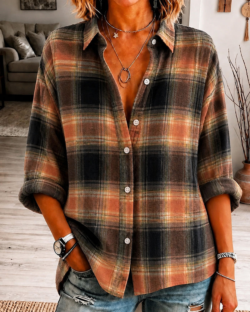Lapel Checkered Long Sleeve Shirt
