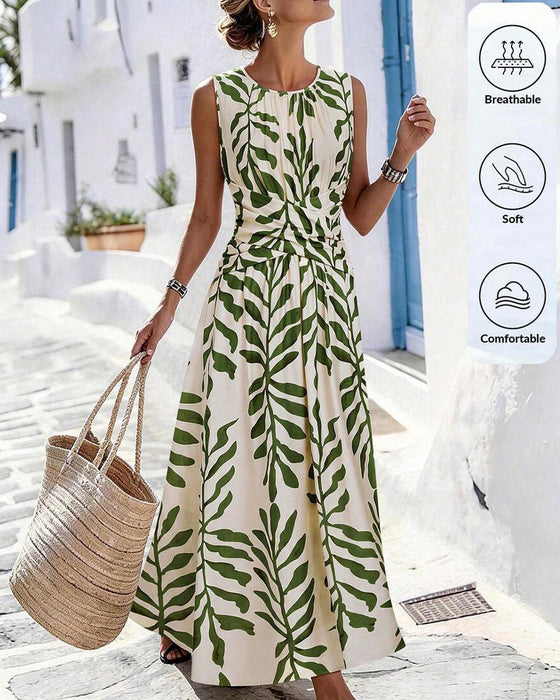 Green Leaves Waist-Cinching Sleeveless Dress