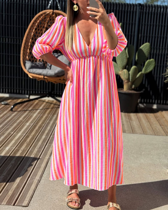 V-Neck Striped A-Line Dress