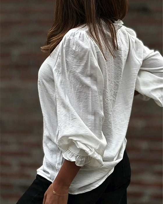 V-Neck Button Front Ruffle Puff Sleeve Blouse