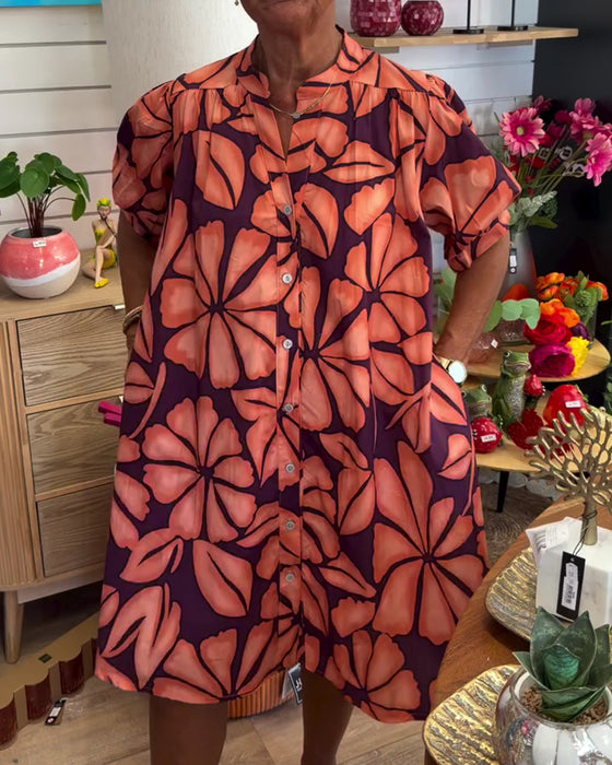 Puff Sleeve Floral Stand Collar Shirt Dress