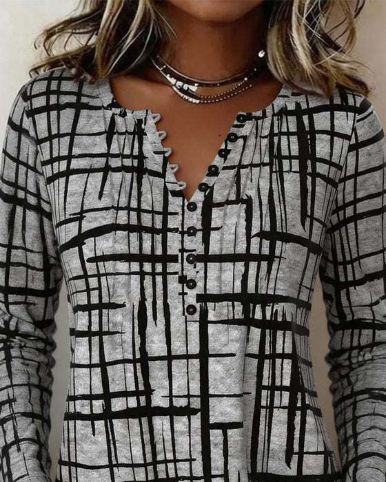 V-Neck Button Plaid Color Block Long Sleeve Top
