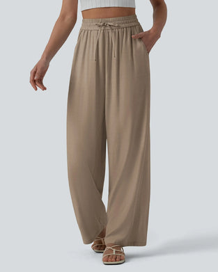 Elastic Waist Wide-Leg Tie Casual Pants