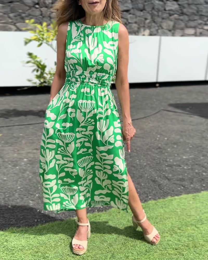 Sleeveless Long Waisted Printed Dress
