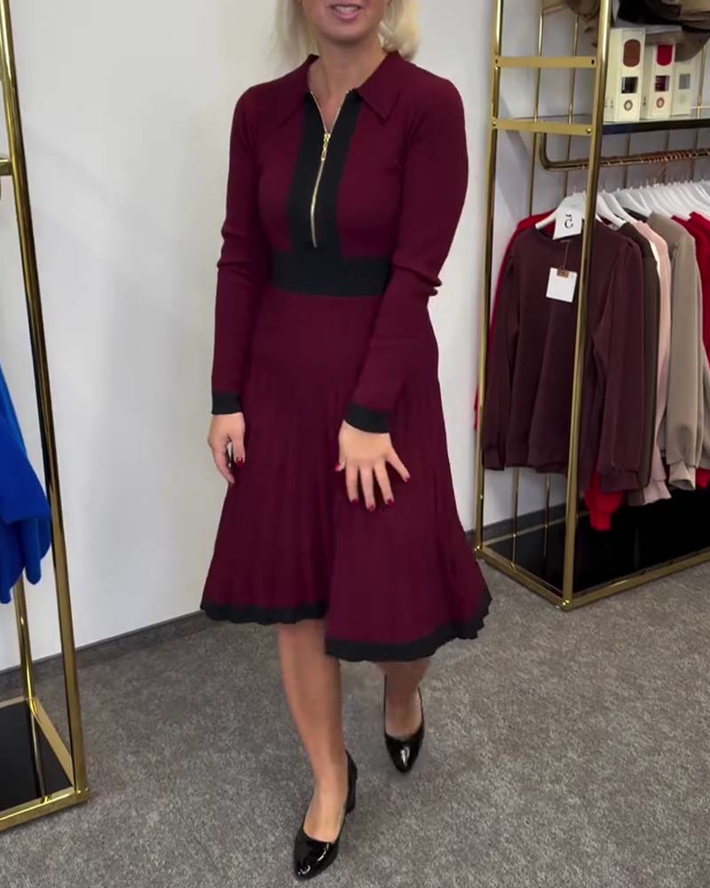 Half-Zip Collared Color-Block Dress