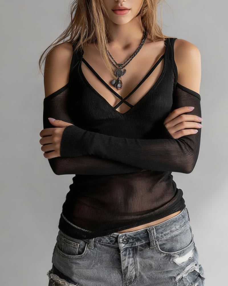 Crisscross V-Neck Off-Shoulder Blouse